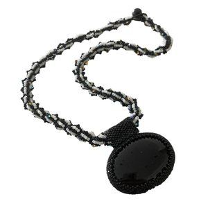 VINMOD Designs Black & White Pendant Seed Bead Statement Necklace 19 inches